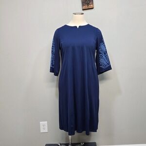 Bob Mackie Wearable Art Midi Dress Plus 1X Blue Embroidered Shift Boho Statement